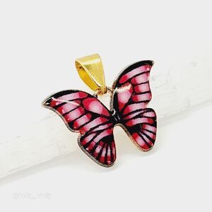Small Pink Black Tibetan Gold Enamel Mixed Butterfly Pendant 0.8"